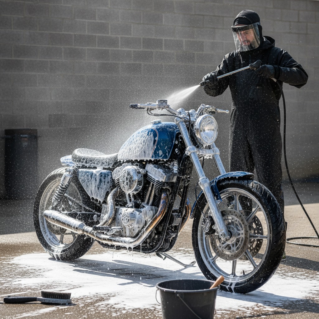 A person wearing protective gear uses a pressure washer to rinse soapy suds off a blue custom motorcycle.